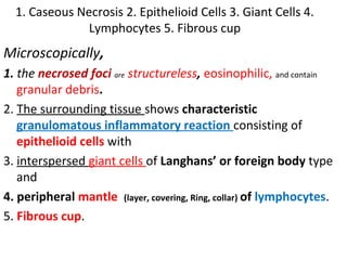 1. Caseous Necrosis 2. Epithelioid Cells 3. Giant Cells 4.
Lymphocytes 5. Fibrous cup
Microscopically,
1. the necrosed foci are structureless, eosinophilic, and contain
granular debris.
2. The surrounding tissue shows characteristic
granulomatous inflammatory reaction consisting of
epithelioid cells with
3. interspersed giant cells of Langhans’ or foreign body type
and
4. peripheral mantle (layer, covering, Ring, collar) of lymphocytes.
5. Fibrous cup.
 
