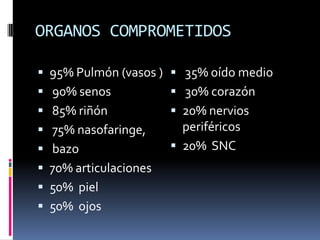ORGANOS COMPROMETIDOS

 95% Pulmón (vasos )  35% oído medio
 90% senos             30% corazón
 85% riñón             20% nervios
 75% nasofaringe,       periféricos
 bazo                  20% SNC
 70% articulaciones
 50% piel
 50% ojos
 