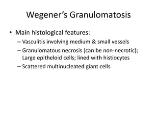 Wegener’s Granulomatosis
• Main histological features:
– Vasculitis involving medium & small vessels
– Granulomatous necrosis (can be non-necrotic);
Large epitheloid cells; lined with histiocytes
– Scattered multinucleated giant cells
 