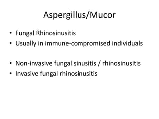 Aspergillus/Mucor
• Fungal Rhinosinusitis
• Usually in immune-compromised individuals
• Non-invasive fungal sinusitis / rhinosinusitis
• Invasive fungal rhinosinusitis
 