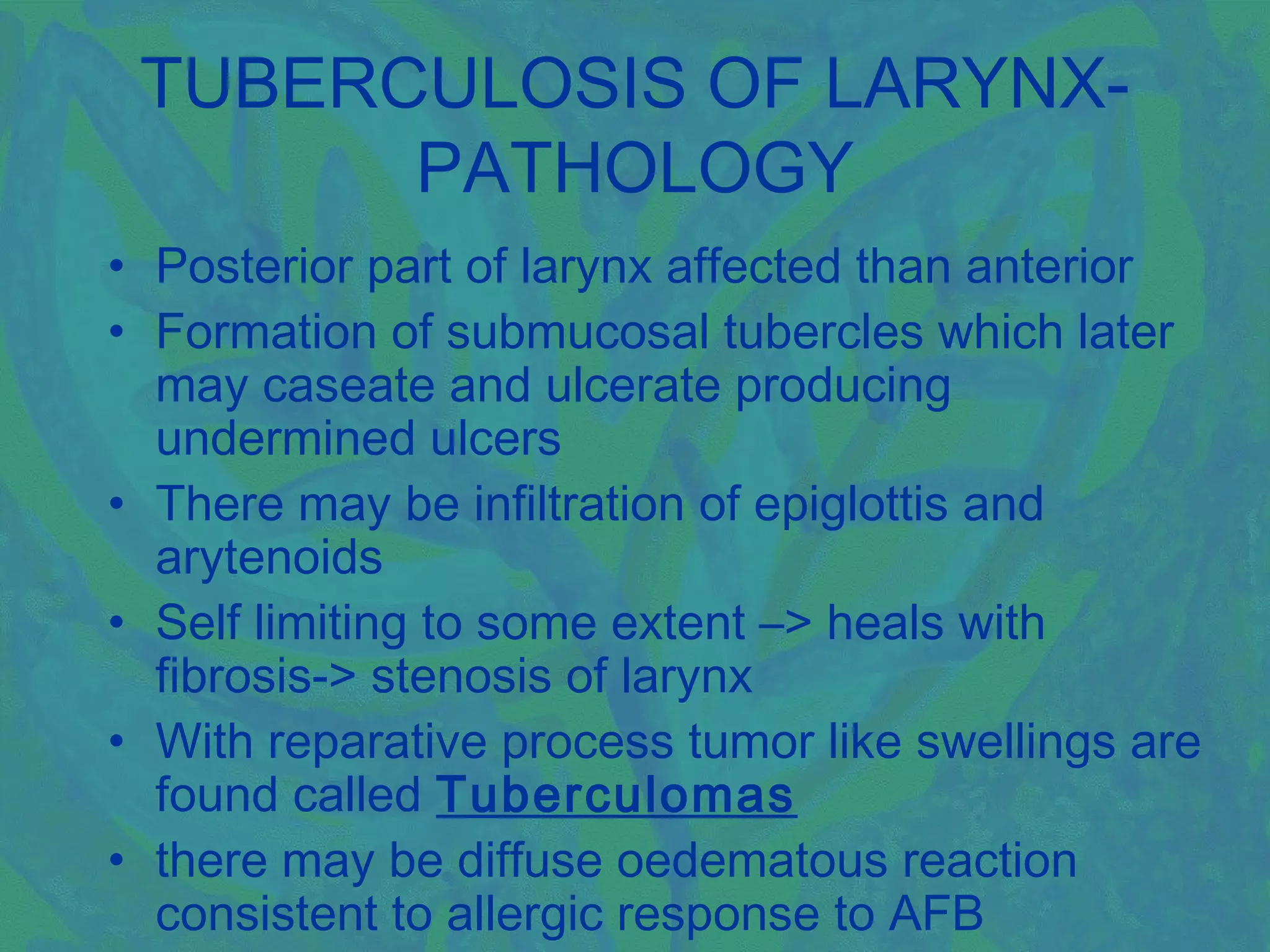 TUBERCULOSIS OF LARYNX-
       PATHOLOGY
• Posterior part of larynx affected than anterior
• Formation of submucosal tubercles which later
  may caseate and ulcerate producing
  undermined ulcers
• There may be infiltration of epiglottis and
  arytenoids
• Self limiting to some extent –> heals with
  fibrosis-> stenosis of larynx
• With reparative process tumor like swellings are
  found called Tuberculomas
• there may be diffuse oedematous reaction
  consistent to allergic response to AFB
 
