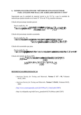 b. EJEMPLO ILUSTRATIVO DE “MÉTODO DE ENSAYO ESTÁNDAR
PARA ANÁLISIS POR MALLA DE AGREGADO GRUESO Y FINO”
Suponiendo que la cantidad de material inicial es de 311.7g y que la cantidad de
material que queda retenido en el tamiz N° 30 es de 79.3g, tenemos entonces:
Cálculo del porcentaje retenido parcial.
Para la malla No. 30:
%4.251007.311
3.79100%  xxinicialMasa
mallalaenretenidaMasaparcialretenido
Cálculo del porcentaje retenido acumulado.
Para la malla No. 30:
%1.554.257.29%
%%


mallalaenparcialretenido
anteriormalladeacumuladoretenidoacumuladoretenido
Cálculo del acumulado que pasa.
Para la malla No. 30:
%9.44%1.55%100%%100%  mallaladeacumuladoretenidopasaqueacumulado
Cálculo del módulo de finura (MF).
100
10050,30,16,8,4.% yNosmallasenacumuladoretenidoMF
59.2100
3.912.791.557.296.30.0 MF
REFERENCIAS BIBLIOGRAFICAS
- American Society for Testing and Materials, Norma C 117 - 95, Volumen
04.02, 2003.
- American Society for Testing and Materials, Norma C 136-01, Volumen 04.02,
2003.
- http://www.construaprende.com/Lab/19/Prac19_1.html (abril 2007)
- http://es.wikipedia.org/wiki/Curva_granulom%C3%A9trica (abril 2207)
 