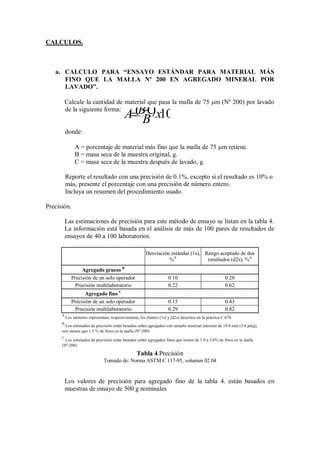 100)( xB
CBA 
CALCULOS.
a. CALCULO PARA “ENSAYO ESTÁNDAR PARA MATERIAL MÁS
FINO QUE LA MALLA Nº 200 EN AGREGADO MINERAL POR
LAVADO”.
Calcule la cantidad de material que pasa la malla de 75 m (Nº 200) por lavado
de la siguiente forma:
donde:
A = porcentaje de material más fino que la malla de 75 m retiene.
B = masa seca de la muestra original, g.
C = masa seca de la muestra después de lavado, g.
Reporte el resultado con una precisión de 0.1%, excepto si el resultado es 10% o
más, presente el porcentaje con una precisión de número entero.
Incluya un resumen del procedimiento usado.
Precisión.
Las estimaciones de precisión para este método de ensayo se listan en la tabla 4.
La información está basada en el análisis de más de 100 pares de resultados de
ensayos de 40 a 100 laboratorios.
Desviación estándar (1s),
%A
Rango aceptado de dos
resultados (d2s), %A
Agregado grueso B
Precisión de un solo operador 0.10 0.28
Precisión multilaboratorio 0.22 0.62
Agregado fino C
Precisión de un solo operador 0.15 0.43
Precisión multilaboratorio 0.29 0.82
A
Los números representan, respectivamente, los límites (1s) y (d2s) descritos en la práctica C 670.
B
Los estimados de precisión están basados sobre agregados con tamaño nominal máximo de 19.0 mm (3/4 pulg),
con menos que 1.5 % de finos en la malla (Nº 200).
C
Los estimados de precisión están basados sobre agregados finos que tienen de 1.0 a 3.0% de finos en la malla
(Nº 200).
Tabla 4.Precisión
Tomado de: Norma ASTM C 117-95, volumen 02.04
Los valores de precisión para agregado fino de la tabla 4. están basados en
muestras de ensayo de 500 g nominales
 