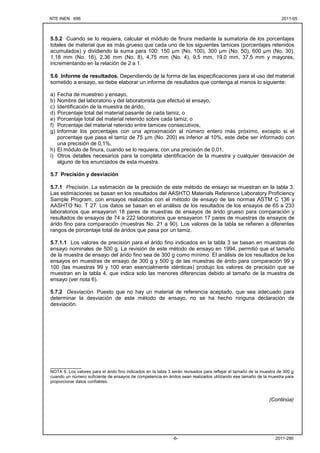 NTE INEN 696 2011-05
2011-290
-6-
5.5.2 Cuando se lo requiera, calcular el módulo de finura mediante la sumatoria de los porcentajes
totales de material que es más grueso que cada uno de los siguientes tamices (porcentajes retenidos
acumulados) y dividiendo la suma para 100: 150 µm (No. 100), 300 µm (No. 50), 600 µm (No. 30),
1,18 mm (No. 16), 2,36 mm (No. 8), 4,75 mm (No. 4), 9,5 mm, 19,0 mm, 37,5 mm y mayores,
incrementando en la relación de 2 a 1.
5.6 Informe de resultados. Dependiendo de la forma de las especificaciones para el uso del material
sometido a ensayo, se debe elaborar un informe de resultados que contenga al menos lo siguiente:
a) Fecha de muestreo y ensayo,
b) Nombre del laboratorio y del laboratorista que efectuó el ensayo,
c) Identificación de la muestra de árido,
d) Porcentaje total del material pasante de cada tamiz, o
e) Porcentaje total del material retenido sobre cada tamiz, o
f) Porcentaje del material retenido entre tamices consecutivos,
g) Informar los porcentajes con una aproximación al número entero más próximo, excepto si el
porcentaje que pasa el tamiz de 75 µm (No. 200) es inferior al 10%, este debe ser informado con
una precisión de 0,1%,
h) El módulo de finura, cuando se lo requiera, con una precisión de 0,01,
i) Otros detalles necesarios para la completa identificación de la muestra y cualquier desviación de
alguno de los enunciados de esta muestra.
5.7 Precisión y desviación
5.7.1 Precisión. La estimación de la precisión de este método de ensayo se muestran en la tabla 3.
Las estimaciones se basan en los resultados del AASHTO Materials Reference Laboratory Proficiency
Sample Program, con ensayos realizados con el método de ensayo de las normas ASTM C 136 y
AASHTO No. T 27. Los datos se basan en el análisis de los resultados de los ensayos de 65 a 233
laboratorios que ensayaron 18 pares de muestras de ensayos de árido grueso para comparación y
resultados de ensayos de 74 a 222 laboratorios que ensayaron 17 pares de muestras de ensayos de
árido fino para comparación (muestras No. 21 a 90). Los valores de la tabla se refieren a diferentes
rangos de porcentaje total de áridos que pasa por un tamiz.
5.7.1.1 Los valores de precisión para el árido fino indicados en la tabla 3 se basan en muestras de
ensayo nominales de 500 g. La revisión de este método de ensayo en 1994, permitió que el tamaño
de la muestra de ensayo del árido fino sea de 300 g como mínimo. El análisis de los resultados de los
ensayos en muestras de ensayo de 300 g y 500 g de las muestras de árido para comparación 99 y
100 (las muestras 99 y 100 eran esencialmente idénticas) produjo los valores de precisión que se
muestran en la tabla 4, que indica solo las menores diferencias debido al tamaño de la muestra de
ensayo (ver nota 6).
5.7.2 Desviación. Puesto que no hay un material de referencia aceptado, que sea adecuado para
determinar la desviación de este método de ensayo, no se ha hecho ninguna declaración de
desviación.
_____________
NOTA 6. Los valores para el árido fino indicados en la tabla 3 serán revisados para reflejar el tamaño de la muestra de 300 g
cuando un número suficiente de ensayos de competencia en áridos sean realizados utilizando ese tamaño de la muestra para
proporcionar datos confiables.
(Continúa)
 
