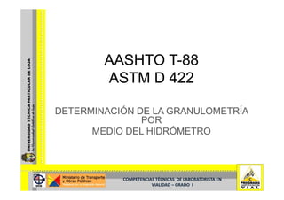AASHTO T-88
               T-
        ASTM D 422

DETERMINACIÓN DE LA GRANULOMETRÍA
               POR
      MEDIO DEL HIDRÓMETRO



           COMPETENCIAS TÉCNICAS  DE LABORATORISTA EN  
                      VIALIDAD –
                      VIALIDAD – GRADO  I
 