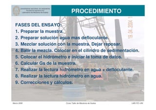 UNIVERSIDAD NACIONAL DE INGENIERIA
Facultad de Ingeniería Civil
Laboratorio de Mecánica de Suelos PROCEDIMIENTO
Marzo 2006 Curso Taller de Mecánica de Suelos LMS-FIC-UNI
FASES DEL ENSAYO:
1. Preparar la muestra.
2. Preparar solución agua mas defloculante.
3. Mezclar solución con la muestra. Dejar reposar.
4. Batir la mezcla. Colocar en el cilindro de sedimentación.
5. Colocar el hidrómetro e iniciar la toma de datos.
6. Calcular Gs de la muestra.
7. Realizar la lectura hidrómetro en agua + defloculante.
8. Realizar la lectura hidrómetro en agua.
9. Correcciones y cálculos.
 