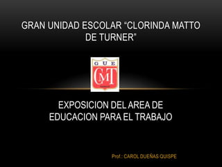 GRAN UNIDAD ESCOLAR “CLORINDA MATTO
             DE TURNER”




       EXPOSICION DEL AREA DE
     EDUCACION PARA EL TRABAJO


                 Prof.: CAROL DUEÑAS QUISPE
 