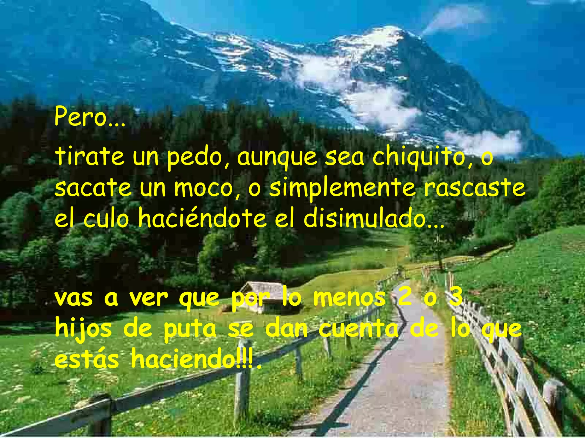 Pero... tirate un pedo, aunque sea chiquito, o sacate un moco, o simplemente rascaste el culo haciéndote el disimulado... vas a ver que por lo menos 2 o 3 hijos de puta se dan cuenta de lo que estás haciendo!!!.