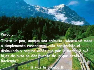 Pero...  Tirate un peo, aunque sea chiquito, sácate un moco o simplemente rascaste el culo haciéndote el disimulado y seguro verás que por lo menos 2 o 3 hijos de puta se dan cuenta de lo que estás haciendo.  ¡¡¡ Haz la prueba !!! 
