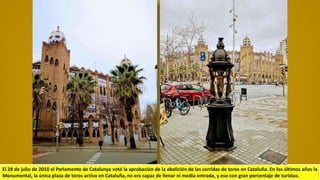 El 28 de julio de 2010 el Parlamento de Catalunya votó la aprobación de la abolición de las corridas de toros en Cataluña. En los últimos años la
Monumental, la única plaza de toros activa en Cataluña, no era capaz de llenar ni media entrada, y eso con gran porcentaje de turistas.
 