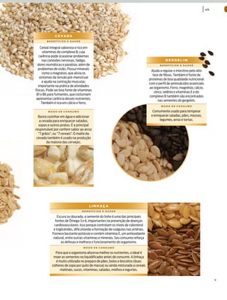 | 49



             c e Va d a
        BenefícioS à Saúde


    Cereal integral saboroso e rico em
      vitaminas do complexo B, cuja
   carência pode ocasionar problemas
     nas conexões nervosas, fadiga,                                                          gergelim
  dores reumáticas e paralisia, além de                                                  BenefícioS à Saúde
  problemas de visão. Possui minerais
                                                                                   Ajuda a regular o intestino pelo alto
     como o magnésio, que alivia os
                                                                                    teor de fibras. Também é fonte de
   sintomas da tensão pré-menstrual
                                                                                  proteínas de boa qualidade nutricional
     e ajuda na contração muscular,
                                                                                  com o perfil de aminoácidos essenciais
  importante na prática de atividades
                                                                                  ao organismo. Ferro, magnésio, cálcio,
físicas. Pode ser boa fonte de vitaminas
                                                                                     zinco, selênio e vitaminas E e do
 B1 e B6 para fumantes, que costumam
                                                                                  complexo B também são encontrados
 apresentar carência desses nutrientes.
                                                                                        nas sementes de gergelim.
     Também é rica em cálcio e ferro.
                                                                                          modo de conSumo

         modo de conSumo                                                            Comumente usado para temperar
  Basta cozinhar em água e adicionar                                               e enriquecer saladas, pães, massas,
   a cevada para enriquecer saladas,                                                     legumes, arroz e tortas.
  sopas e outros pratos. É a principal
responsável por conferir sabor ao arroz
  “7 grãos”, ou “7 cereais”. O malte da
 cevada também é usado na produção
        da maioria das cervejas.




                                      linhaÇa
                                 BenefícioS à Saúde

                Escura ou dourada, a semente do linho é uma das principais
              fontes de Ômega 3 e 6, importantes na prevenção de doenças
              cardiovasculares. Isso porque controlam os níveis de colesterol
             e triglicérides, dificultando a formação de coágulos nas artérias.
            Fornece bastante potássio e contém vitamina E, um antioxidante
             natural, entre outras vitaminas e minerais. Seu consumo reforça
                   as defesas e melhora o funcionamento do organismo.
                                  modo de conSumo

             Para que o organismo absorva melhor os nutrientes, o ideal é
            moer as sementes no liquidificador antes de consumir. A linhaça
              é muito utilizada no preparo de pães, bolos e biscoitos (duas
           colheres de sopa por quilo de massa) ou ainda misturada a cereais
                 matinais, sucos, vitaminas, saladas, molhos e iogurtes.
 