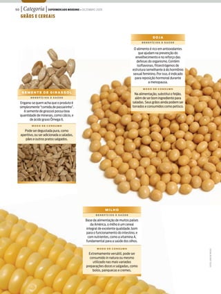 50   | Categoria | Supermercado moderno • dezembro 2009
     grãoS e cereaiS



                                                                                             Soja
                                                                                      BenefícioS à Saúde


                                                                                O alimento é rico em antioxidantes
                                                                                   que ajudam na prevenção do
                                                                                 envelhecimento e no reforço das
                                                                                  defesas do organismo. Contém
                                                                                  isoflavonas, fitoestrógenos de
                                                                               estrutura semelhante à do hormônio
                                                                               sexual feminino. Por isso, é indicado
                                                                                para reposição hormonal durante
                                                                                          a menopausa.
                                                                                      modo de conSumo
      Semente de giraSSol                                                      Na alimentação, substitui o feijão,
            BenefícioS à Saúde                                                  além de ser bom ingrediente para
     Engana-se quem acha que o produto é                                      saladas. Seus grãos ainda podem ser
     simplesmente “comida de passarinho”.                                     torrados e consumidos como petisco.
        A semente de girassol possui boa
     quantidade de minerais, como cálcio, e
            de ácido graxo Ômega 6.
             modo de conSumo

        Pode ser degustada pura, como
     aperitivo, ou ser adicionada a saladas,
        pães e outros pratos salgados.




                                                            milho
                                                     BenefícioS à Saúde

                                               Base da alimentação de muitos países
                                                  da América, o milho é um cereal
                                               integral de excelente qualidade, bom
                                               para o funcionamento do intestino, e
                                                com nutrientes, como a vitamina A,
                                               fundamental para a saúde dos olhos.

                                                      modo de conSumo
                                                                                                                       FoToS: João de FreiTaS




                                                 Extremamente versátil, pode ser
                                                  consumido in natura ou mesmo
                                                    utilizado nas mais variadas
                                               preparações doces e salgadas, como
                                                    bolos, panquecas e cremes.
 