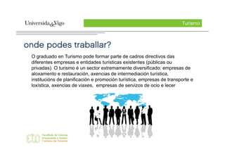 Turismo



onde podes traballar?
 O graduado en Turismo pode formar parte de cadros directivos das
 diferentes empresas e entidades turísticas existentes (públicas ou
 privadas). O turismo é un sector extremamente diversificado: empresas de
 aloxamento e restauración, axencias de intermediación turística,
 institucións de planificación e promoción turística, empresas de transporte e
 loxística, axencias de viaxes, empresas de servizos de ocio e lecer
 