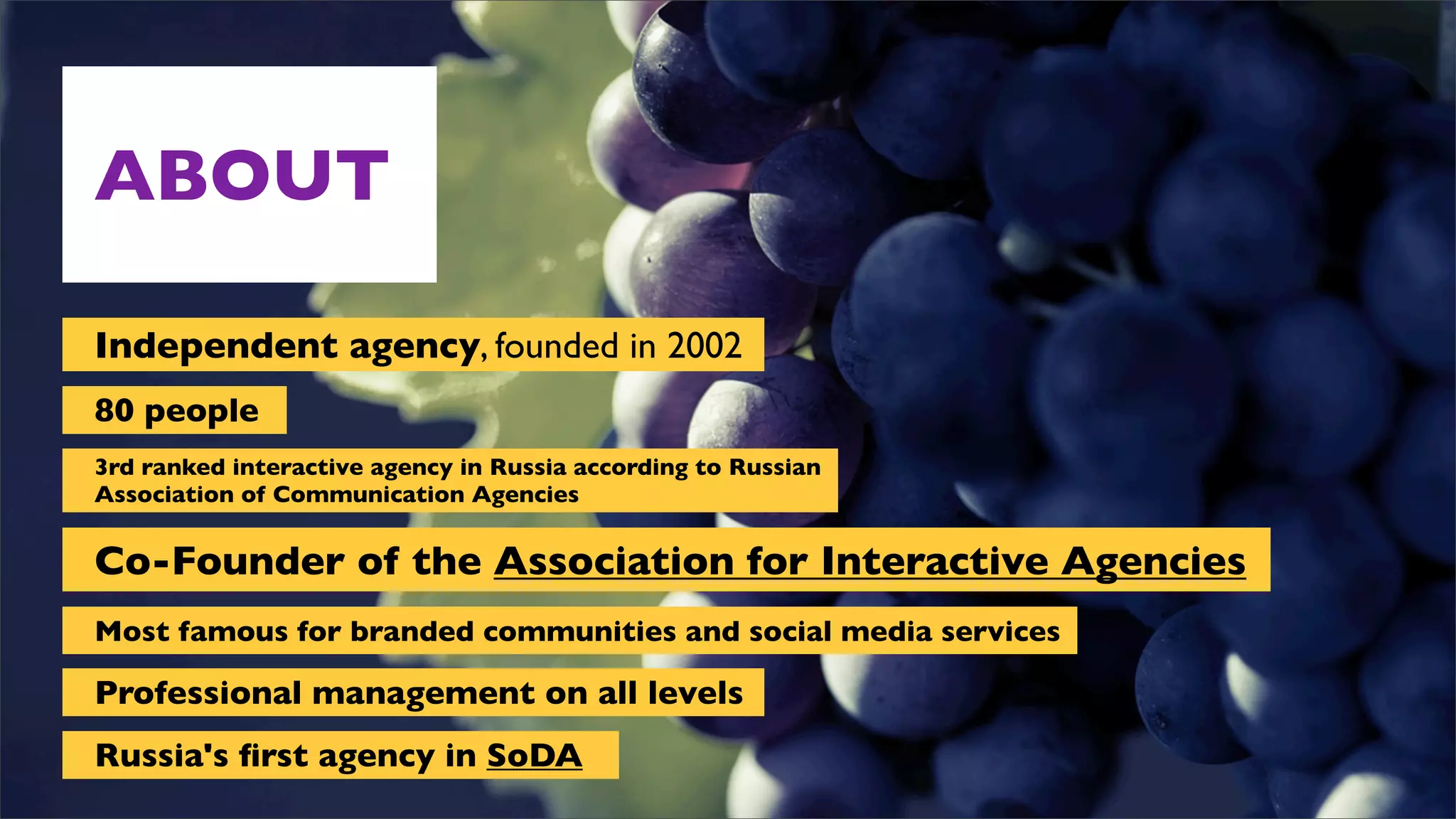 ABOUT

Independent agency, founded in 2002
80 people
3rd ranked interactive agency in Russia according to Russian
Association of Communication Agencies


Co-Founder of the Association for Interactive Agencies
Most famous for branded communities and social media services

Professional management on all levels
Russia's ﬁrst agency in SoDA
 