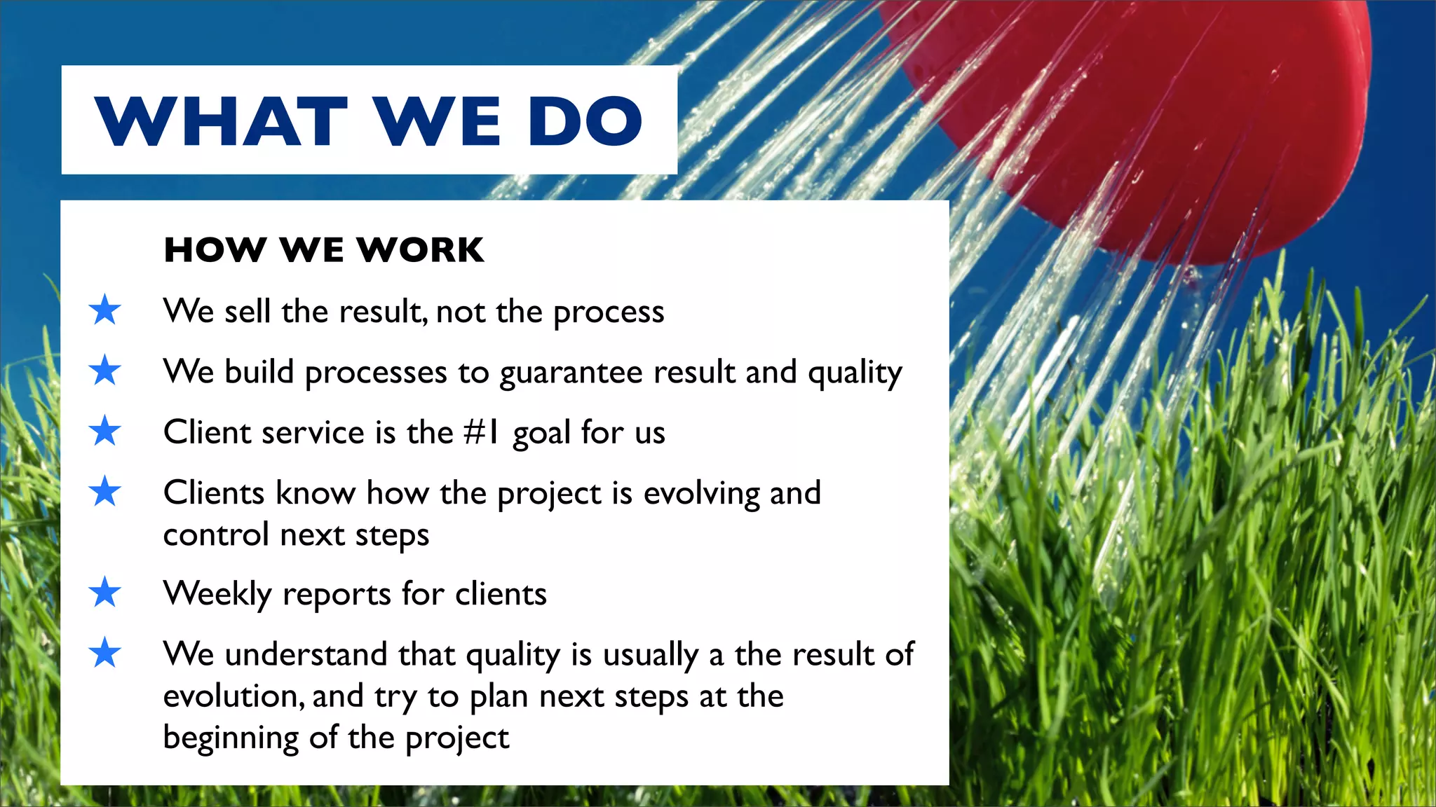 WHAT WE DO
     HOW WE WORK
★    We sell the result, not the process
★    We build processes to guarantee result and quality
★    Client service is the #1 goal for us
★    Clients know how the project is evolving and
     control next steps
★ Weekly reports for clients
★ We understand that quality is usually a the result of
     evolution, and try to plan next steps at the
     beginning of the project
 