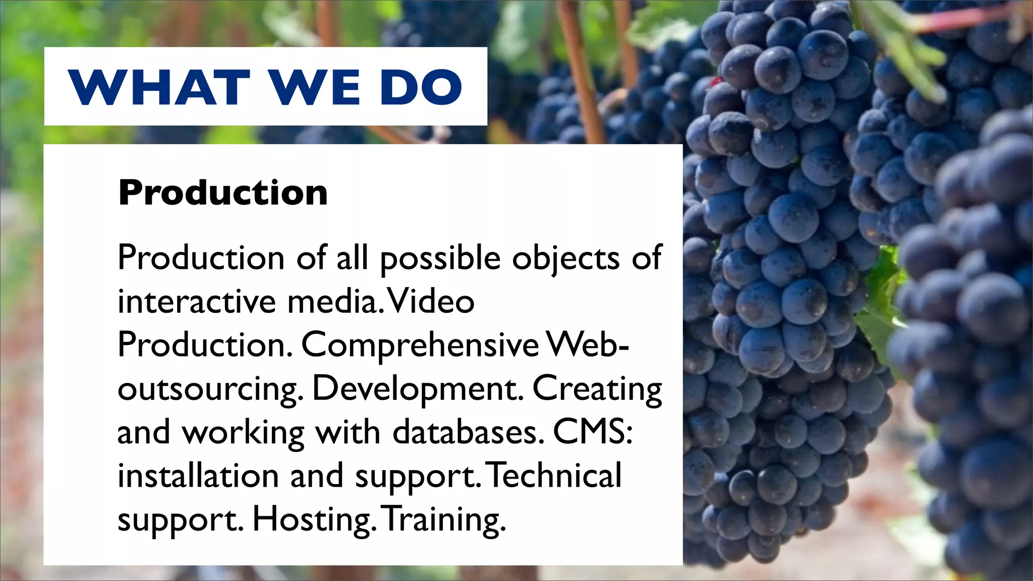 WHAT WE DO
 Production
 Production of all possible objects of
 interactive media.Video
 Production. Comprehensive Web-
 outsourcing. Development. Creating
 and working with databases. CMS:
 installation and support. Technical
 support. Hosting. Training.
 