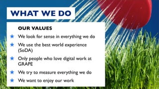 WHAT WE DO
    OUR VALUES
★   We look for sense in everything we do
★   We use the best world experience
    (SoDA)
★   Only people who love digital work at
    GRAPE
★   We try to measure everything we do
★   We want to enjoy our work
 