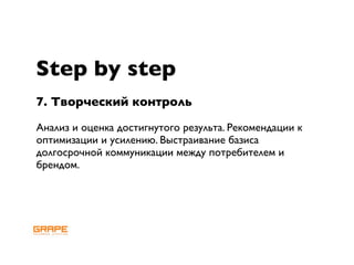 Step by step
7. Творческий контроль

Анализ и оценка достигнутого результа. Рекомендации к
оптимизации и усилению. Выстраивание базиса
долгосрочной коммуникации между потребителем и
брендом.
 