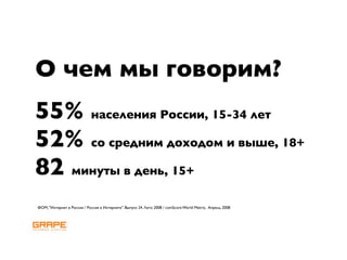 О чем мы говорим?
55% населения России, 15-34 лет
52% со средним доходом и выше, 18+
82 минуты в день, 15+
ФОМ, "Интернет в России / Россия в Интернете". Выпуск 24. Лето 2008 / comScore World Metrix, Апрель, 2008
 