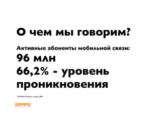 О чем мы говорим?
Активные абоненты мобильной связи:

96 млн
66,2% - уровень
проникновения
MFORUM Analytics, январь 2009
 