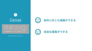 z
Canvas
HTML5 で導入された <canvas>
HTML 要素は、JavaScript による
スクリプティングによって図形な
どを描画するために使用します。
MDN Web Doc Canvas API
例
条件に応じた描画ができる
自由な描画ができる
 