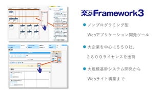 z
z
 ノンプログラミング型
Webアプリケーション開発ツール
 大企業を中心に５５０社、
２８００ライセンスを出荷
 大規模基幹システム開発から
Webサイト構築まで
 