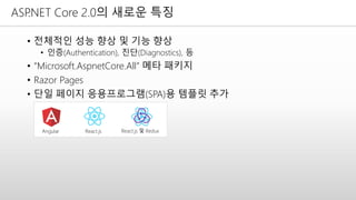 ASP.NET Core 2.0의 새로운 특징
• 전체적인 성능 향상 및 기능 향상
• 인증(Authentication), 진단(Diagnostics), 등
• “Microsoft.AspnetCore.All” 메타 패키지
• Razor Pages
• 단일 페이지 응용프로그램(SPA)용 템플릿 추가
Angular React.js React.js 및 Redux
 