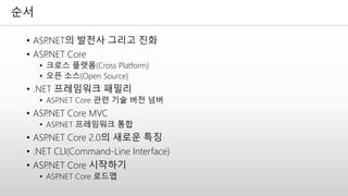 순서
• ASP.NET의 발전사 그리고 진화
• ASP.NET Core
• 크로스 플랫폼(Cross Platform)
• 오픈 소스(Open Source)
• .NET 프레임워크 패밀리
• ASP.NET Core 관련 기술 버전 넘버
• ASP.NET Core MVC
• ASP.NET 프레임워크 통합
• ASP.NET Core 2.0의 새로운 특징
• .NET CLI(Command-Line Interface)
• ASP.NET Core 시작하기
• ASP.NET Core 로드맵
 