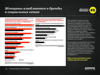 Женщины влюбляются в бренды
в социальных сетях

                              При проведении опроса на тему
                              активности в социальных сетях,
                              связанной с брендами, 80% женщин-
                              пользователей Интернет ответили,
                              что стали фанатками товара или
                              бренда, общаясь в социальной сети. К
                              тому же, 72% узнали о новом товаре или
                              бренде или вступили в группу,
                              посвященную ему. Меньше всего подобной
                              активности проявляется в Twitter.
                              SheSpeaks связывает это с тем, что в
                              социальных сетях женщины вообще более
                              активны, чем в Twitter.

                              Пользователи за прошедший год, похоже,
                              стали чувствительней к рекламе в
                              социальных сетях: 9% сообщают, что
                              всегда просматривают рекламу и часто
                              переходят по ней (сравни с 2% год назад).
                              30% просматривают иногда (против
                              13% в 2008 г.), и меньше пользователей
                              раздражены рекламой или активно
                              игнорируют ее.

                              http://www.emarketer.com/
                              Article.aspx?R=1007448




45   Статистика и аналитика
 