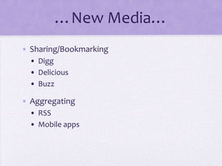 …New Media…Sharing/BookmarkingDiggDeliciousBuzzAggregatingRSSMobile apps