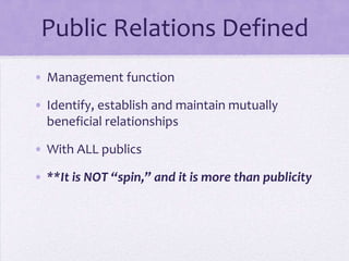 Public Relations DefinedManagement functionIdentify, establish and maintain mutually beneficial relationshipsWith ALL publics**It is NOT “spin,” and it is more than publicity