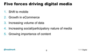 Five forces driving digital media
1. Shift to mobile
2. Growth in eCommerce
3. Increasing volume of data
4. Increasing soc...