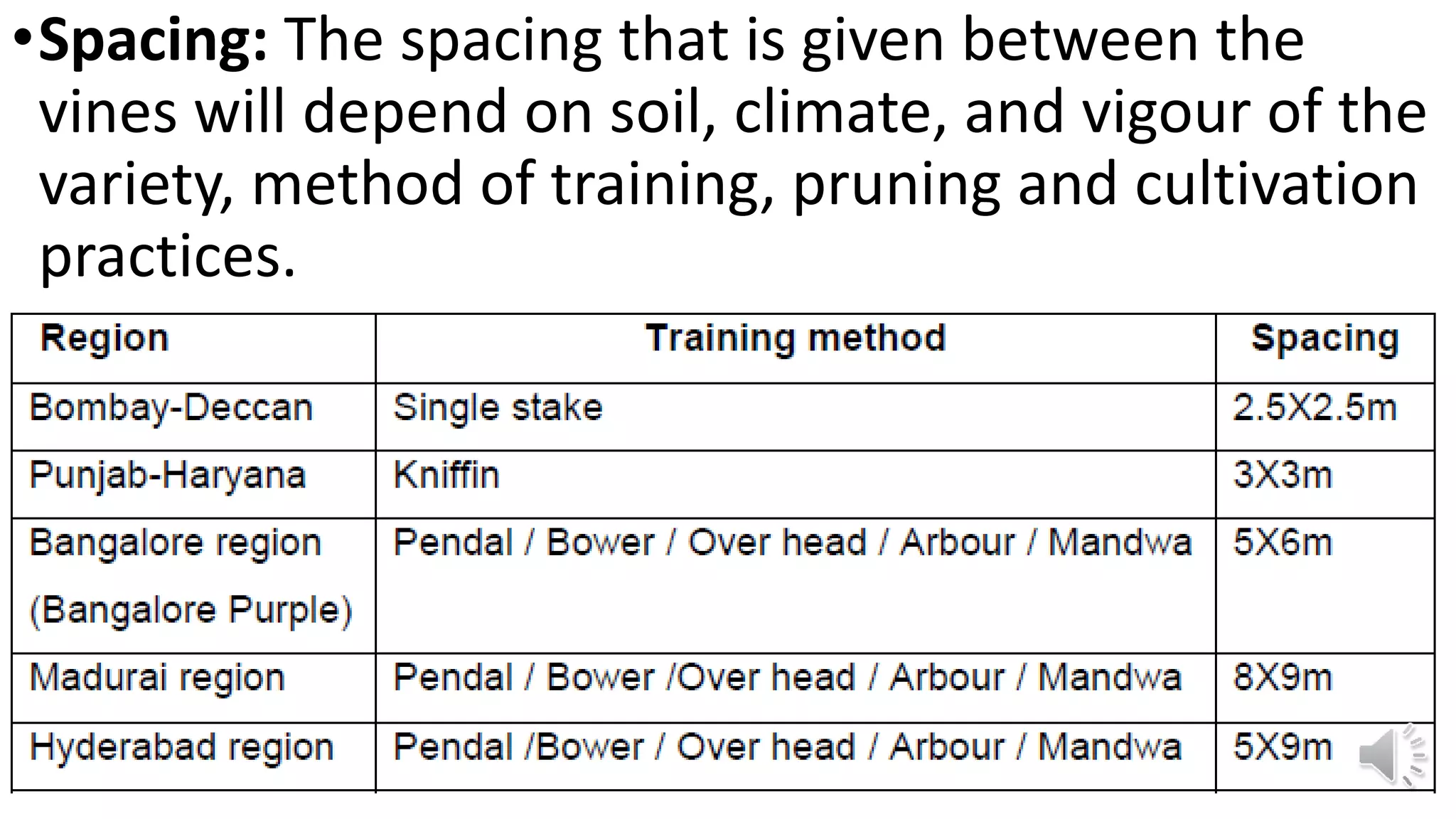 •Spacing: The spacing that is given between the
vines will depend on soil, climate, and vigour of the
variety, method of training, pruning and cultivation
practices.
 