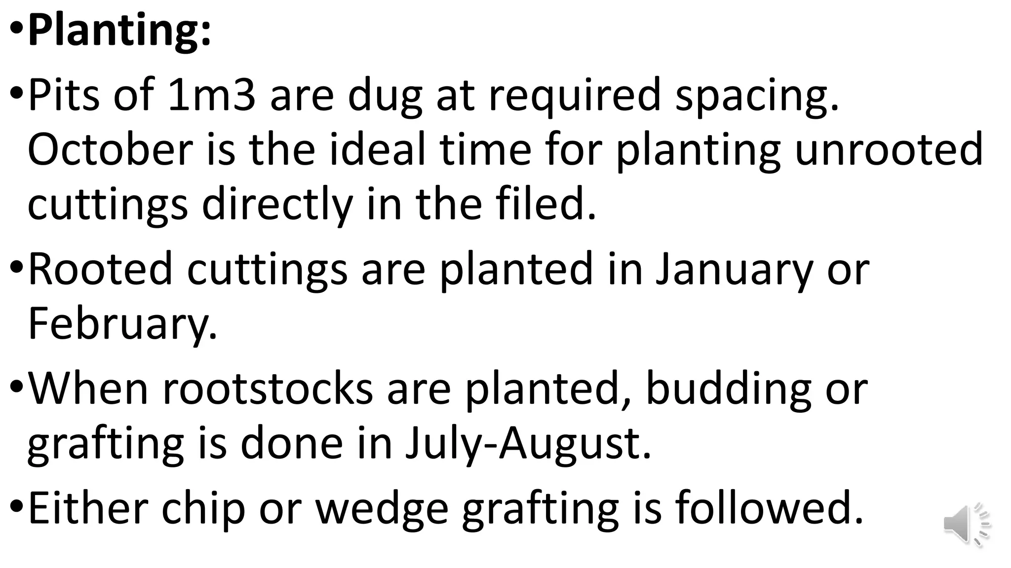 •Planting:
•Pits of 1m3 are dug at required spacing.
October is the ideal time for planting unrooted
cuttings directly in the filed.
•Rooted cuttings are planted in January or
February.
•When rootstocks are planted, budding or
grafting is done in July-August.
•Either chip or wedge grafting is followed.
 