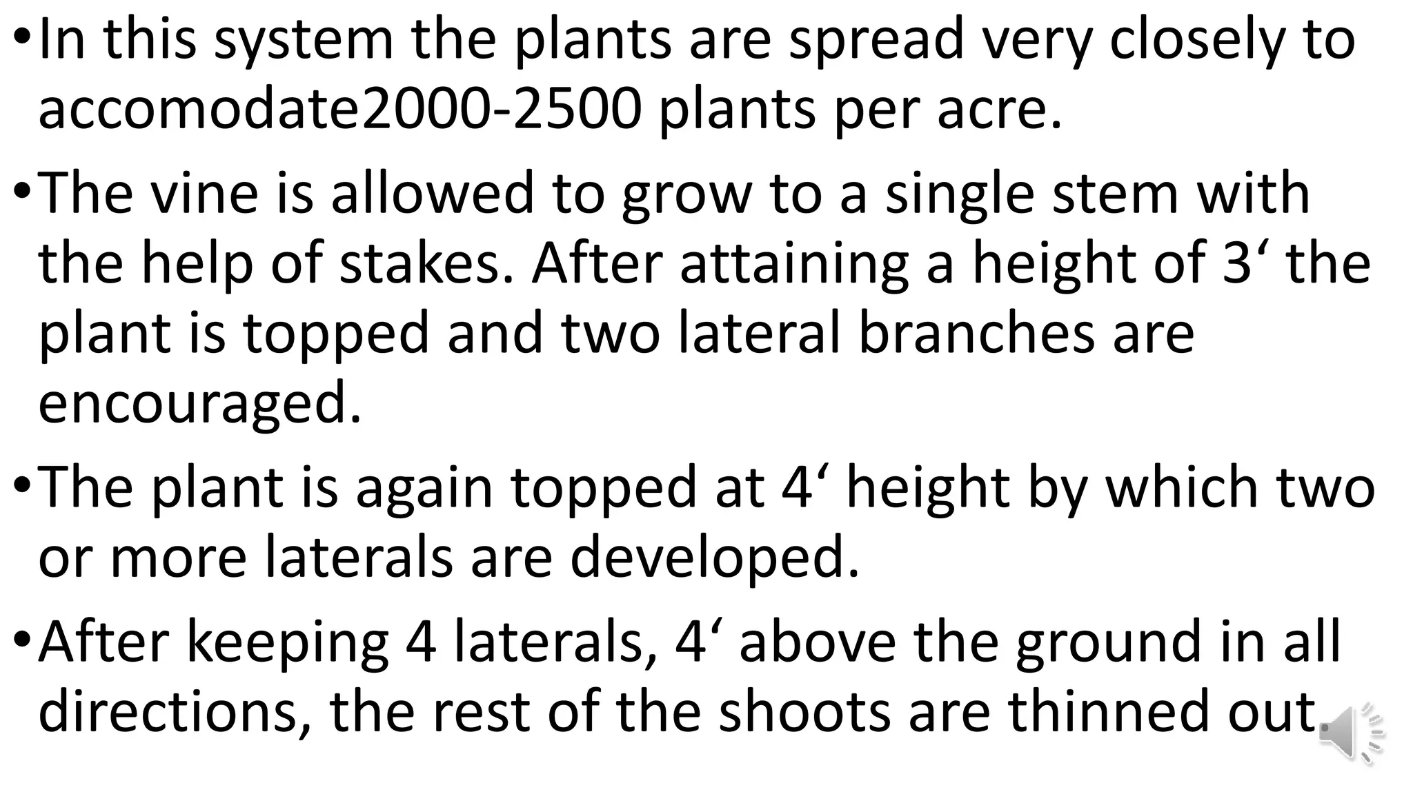 •In this system the plants are spread very closely to
accomodate2000-2500 plants per acre.
•The vine is allowed to grow to a single stem with
the help of stakes. After attaining a height of 3‘ the
plant is topped and two lateral branches are
encouraged.
•The plant is again topped at 4‘ height by which two
or more laterals are developed.
•After keeping 4 laterals, 4‘ above the ground in all
directions, the rest of the shoots are thinned out.
 