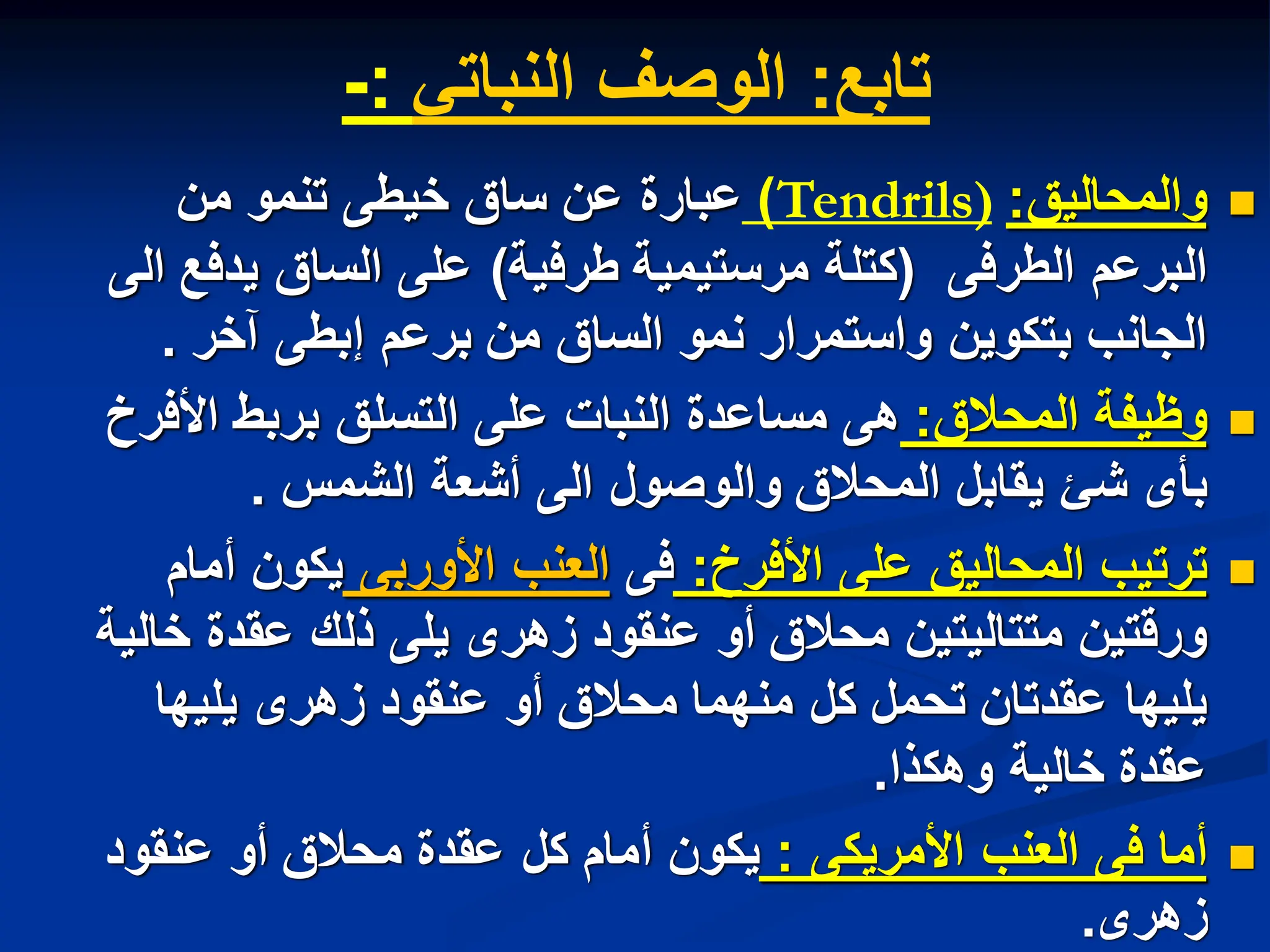 ‫تابع‬
:
ً‫النبات‬ ‫الوصف‬
:
-

‫والمحالٌق‬
:
Tendrils)
)
‫من‬ ‫تنمو‬ ‫خٌطى‬ ‫ساق‬ ‫عن‬ ‫عبارة‬
‫الطرفى‬ ‫البرعم‬
(
‫طرفٌة‬ ‫مرستٌمٌة‬ ‫كتلة‬
)
‫الى‬ ‫ٌدفع‬ ‫الساق‬ ‫على‬
‫آخر‬ ‫إبطى‬ ‫برعم‬ ‫من‬ ‫الساق‬ ‫نمو‬ ‫واستمرار‬ ‫بتكوٌن‬ ‫الجانب‬
.

‫المحالق‬ ‫وظٌفة‬
:
‫األفرخ‬ ‫بربط‬ ‫التسلق‬ ‫على‬ ‫النبات‬ ‫مساعدة‬ ‫هى‬
‫الشمس‬ ‫أشعة‬ ‫الى‬ ‫والوصول‬ ‫المحالق‬ ‫ٌقابل‬ ‫شا‬ ‫بأى‬
.

‫األفرخ‬ ‫على‬ ‫المحالٌق‬ ‫ترتٌب‬
:
‫فى‬
‫األوربى‬ ‫العنب‬
‫أمام‬ ‫ٌكون‬
‫خالٌة‬ ‫عقدة‬ ‫ذلك‬ ‫ٌلى‬ ‫زهرى‬ ‫عنقود‬ ‫أو‬ ‫محالق‬ ‫متتالٌتٌن‬ ‫ورقتٌن‬
‫ٌلٌها‬ ‫زهرى‬ ‫عنقود‬ ‫أو‬ ‫محالق‬ ‫منهما‬ ‫كل‬ ‫تحمل‬ ‫عقدتان‬ ‫ٌلٌها‬
‫وهكذا‬ ‫خالٌة‬ ‫عقدة‬
.

‫األمرٌكى‬ ‫العنب‬ ‫فى‬ ‫أما‬
:
‫عنقود‬ ‫أو‬ ‫محالق‬ ‫عقدة‬ ‫كل‬ ‫أمام‬ ‫ٌكون‬
‫زهرى‬
.
 