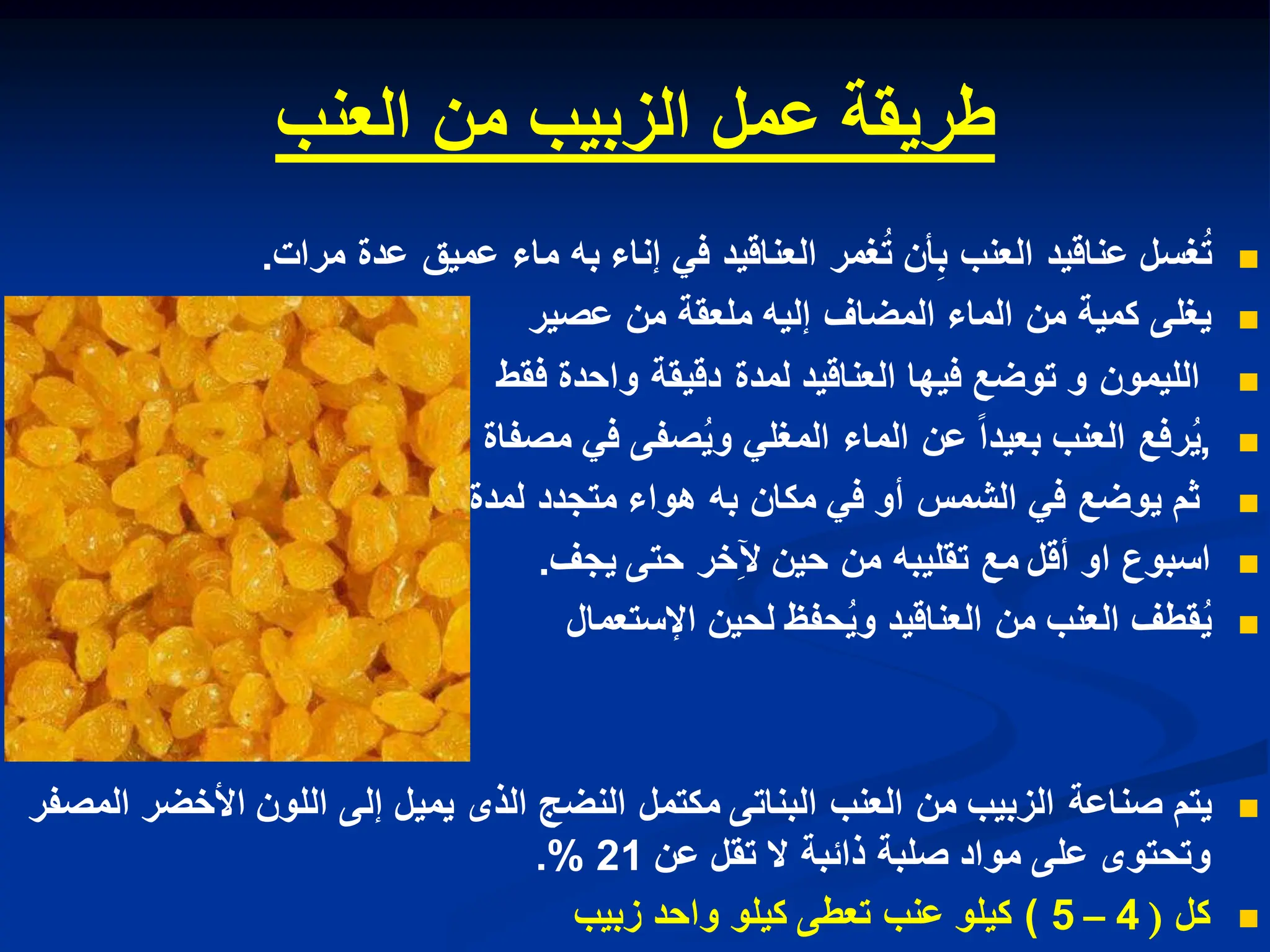 ‫العنب‬ ‫من‬ ‫الزبٌب‬ ‫عمل‬ ‫طرٌقة‬

‫إناء‬ ً‫ف‬ ‫العناقٌد‬ ‫غمر‬ُ‫ت‬ ‫أن‬ِ‫ب‬ ‫العنب‬ ‫عناقٌد‬ ‫غسل‬ُ‫ت‬
‫مرات‬ ‫عدة‬ ‫عمٌق‬ ‫ماء‬ ‫به‬
.

‫من‬ ‫ملعقة‬ ‫إلٌه‬ ‫المضاف‬ ‫الماء‬ ‫من‬ ‫كمٌة‬ ‫ٌغلى‬
‫عصٌر‬

‫دقٌقة‬ ‫لمدة‬ ‫العناقٌد‬ ‫فٌها‬ ‫توضع‬ ‫و‬ ‫اللٌمون‬
‫فقط‬ ‫واحدة‬

,
‫مصفاة‬ ً‫ف‬ ‫صفى‬ٌُ‫و‬ ً‫المغل‬ ‫الماء‬ ‫عن‬ ‫بعٌدا‬ ‫العنب‬ ‫رفع‬ٌُ

‫أو‬ ‫الشمس‬ ً‫ف‬ ‫ٌوضع‬ ‫ثم‬
‫لمدة‬ ‫متجدد‬ ‫هواء‬ ‫به‬ ‫مكان‬ ً‫ف‬

‫أقل‬ ‫او‬ ‫اسبوع‬
‫ٌجف‬ ‫حتى‬ ‫خر‬ِ‫آل‬ ‫حٌن‬ ‫من‬ ‫تقلٌبه‬ ‫مع‬
.

‫لحٌن‬ ‫حفظ‬ٌُ‫و‬ ‫العناقٌد‬ ‫من‬ ‫العنب‬ ‫قطف‬ٌُ
‫اإلستعمال‬

‫المصفر‬ ‫األخضر‬ ‫اللون‬ ‫إلى‬ ‫ٌمٌل‬ ‫الذى‬ ‫النضج‬ ‫مكتمل‬ ‫البناتى‬ ‫العنب‬ ‫من‬ ‫الزبٌب‬ ‫صناعة‬ ‫ٌتم‬
‫عن‬ ‫تقل‬ ‫ال‬ ‫ذاببة‬ ‫صلبة‬ ‫مواد‬ ‫على‬ ‫وتحتوى‬
21
.%

‫كل‬
(
4
–
5
)
‫زبٌب‬ ‫واحد‬ ‫كٌلو‬ ‫تعطى‬ ‫عنب‬ ‫كٌلو‬
 