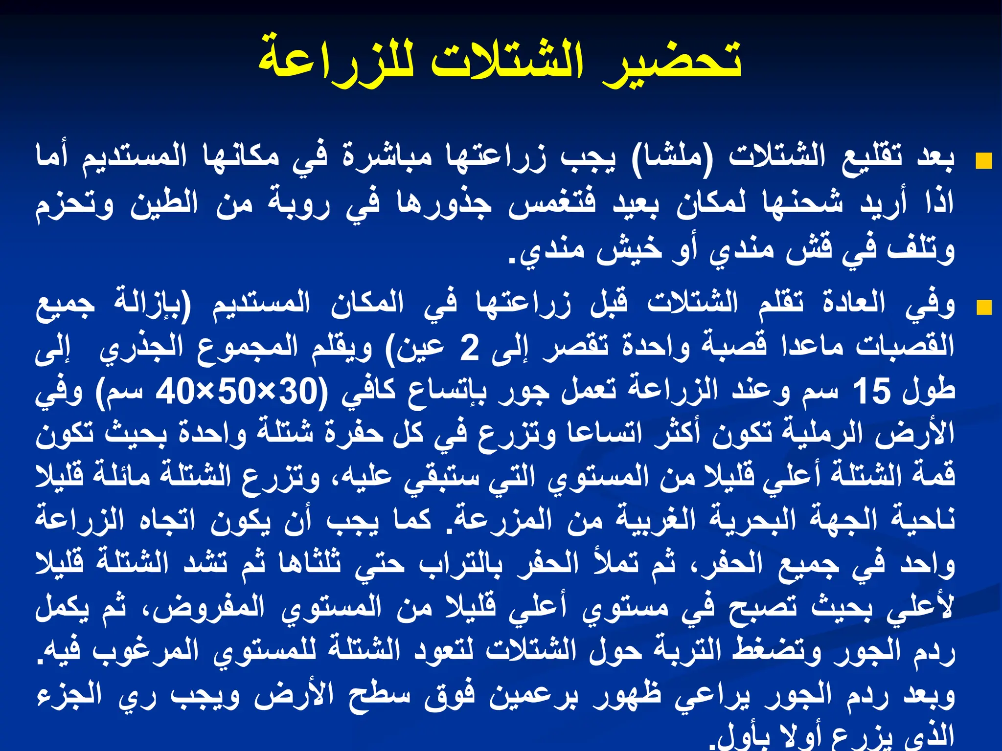 ‫للزراعة‬ ‫الشتالت‬ ‫تحضٌر‬

‫بعد‬
‫تقلٌع‬
‫الشتالت‬
(
‫ملشا‬
)
‫ٌجب‬
‫زراعتها‬
‫مباشرة‬
ً‫ف‬
‫مكانها‬
‫المستدٌم‬
‫أما‬
‫اذا‬
‫أرٌد‬
‫شحنها‬
‫لمكان‬
‫بعٌد‬
‫فتغمس‬
‫جذورها‬
ً‫ف‬
‫روبة‬
‫من‬
‫الطٌن‬
‫وتحزم‬
‫وتلف‬
ً‫ف‬
‫قش‬
‫مندي‬
‫أو‬
‫خٌش‬
‫مندي‬
.

ً‫وف‬
‫العادة‬
‫تقلم‬
‫الشتالت‬
‫قبل‬
‫زراعتها‬
ً‫ف‬
‫المكان‬
‫المستدٌم‬
(
‫بإزالة‬
‫جمٌع‬
‫القصبات‬
‫ماعدا‬
‫قصبة‬
‫واحدة‬
‫تقصر‬
‫إلى‬
2
‫عٌن‬
)
‫وٌقلم‬
‫المجموع‬
‫الجذري‬
‫إلى‬
‫طول‬
15
‫سم‬
‫وعند‬
‫الزراعة‬
‫تعمل‬
‫جور‬
‫بإتساع‬
ً‫كاف‬
(
30
×
50
×
40
‫سم‬
)
ً‫وف‬
‫األرض‬
‫الرملٌة‬
‫تكون‬
‫أكثر‬
‫اتساعا‬
‫وتزرع‬
ً‫ف‬
‫كل‬
‫حفرة‬
‫شتلة‬
‫واحدة‬
‫بحٌث‬
‫تكون‬
‫قمة‬
‫الشتلة‬
ً‫أعل‬
‫قلٌال‬
‫من‬
‫المستوي‬
ً‫الت‬
ً‫ستبق‬
،‫علٌه‬
‫وتزرع‬
‫الشتلة‬
‫مابلة‬
‫قلٌال‬
‫ناحٌة‬
‫الجهة‬
‫البحرٌة‬
‫الغربٌة‬
‫من‬
‫المزرعة‬
.
‫كما‬
‫ٌجب‬
‫أن‬
‫ٌكون‬
‫اتجاه‬
‫الزراعة‬
‫واحد‬
ً‫ف‬
‫جمٌع‬
،‫الحفر‬
‫ثم‬
‫تمأل‬
‫الحفر‬
‫بالتراب‬
ً‫حت‬
‫ثلثاها‬
‫ثم‬
‫تشد‬
‫الشتلة‬
‫قلٌال‬
ً‫ألعل‬
‫بحٌث‬
‫تصبح‬
ً‫ف‬
‫مستوي‬
ً‫أعل‬
‫قلٌال‬
‫من‬
‫المستوي‬
،‫المفروض‬
‫ثم‬
‫ٌكمل‬
‫ردم‬
‫الجور‬
‫وتضغط‬
‫التربة‬
‫حول‬
‫الشتالت‬
‫لتعود‬
‫الشتلة‬
‫للمستوي‬
‫المرغوب‬
‫فٌه‬
.
‫وبعد‬
‫ردم‬
‫الجور‬
ً‫ٌراع‬
‫ظهور‬
‫برعمٌن‬
‫فوق‬
‫سطح‬
‫األرض‬
‫وٌجب‬
‫ري‬
‫الجزء‬
‫الذي‬
‫ٌزرع‬
‫أوال‬
‫بأول‬
.
 