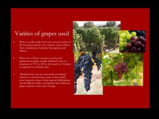 Varities of grapes used Wine is usually made from one or more varities of the European species vitis vinifero, such as Pinot Noir, chardonnay, Caberniet Sauvigenon and Meriot. When one of these varieties is used as the predominant grape (usually defined by law as a minimum of 75% or 85%), the result is a Vorietal, as opposed to a  blended , wine. Blended wines are not necessarily considered inferior to varietal wines; some of the world's most expensive wines, from regions likeBordeaux and the Rhone Valley, are blended from different grape varieties of the same Vintage. 