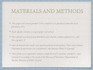 MATERIALS AND METHODS
The grape seed extract product (Vitis vinifera) was purchased from the local
pharmacy store.
Each capsule contains 20 mg of grape seed extract.
The content was dissolved in distilled water and the volume adjusted to 25 mL
(800 μg/mL). F
ruits included in this study were purchased from local markets. There were tomato
(Solanum lycopersicum var. cerasiforme), ripe banana (MusaAA group).
These fruits were reported to contain a high level of β-carotene, vitamin C, and
vitamin E according to the study of the Bureau of Nutrition, Department of
Health, Ministry of Public Health.
 