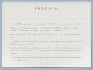 FRAP Assay
The FRAP assay was performed according to the method of Benzie and Strain with some modiﬁcations.
The stock solutions used in this study were 300 mM acetate buﬀer pH 3.6, 10 mM 2,4,6-tripyridyl-s-
triazine (TPTZ) solution in 40 mM HCl and 20 mM FeCl3.6H2O solution.
FRAP reagent (25 mL acetate buﬀer, 2.5 mL TPTZ, and 2.5 mL FeCl3.6H2O) was freshly prepared before
use.
An aliquot of 20 μL of grape seed extract solution or fruit sample supernatant was mixed with 180 μL of
FRAP reagent in a 96-well plate.
After 6 min of incubation, the absorbance was measured at 595 nm by a microplate reader (model 680 Bio-
Rad). Results were expressed in μmol TE/capsule of grape seed extract and μmol TE/g fresh mass of fruit
sample.
Additional dilution was required if the measured value was over the linearity range of the standard curve
(25–800 μM Trolox).
 