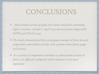 CONCLUSIONS
Antioxidant activity of grape seed extract and fruits containing
high β-carotene, vitamin C and E was measured and compared by
DPPH and FRAP assay.
The results demonstrated that an adequate amount of fruits showed
comparable antioxidant activity with a potent antioxidant, grape
seed extract.
As a variety of compounds contributes to antioxidant activity in
fruits, it is diﬃcult to pinpoint which substance is the most
important.
 