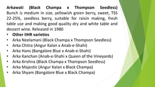 Arkawati (Black Champa x Thompson Seedless)
Bunch is medium in size, yellowish green berry, sweet, TSS
22-25%, seedless berry, suitable for raisin making, fresh
table use and making good quality dry and white table and
dessert wine. Released in 1980
• Other IIHR varieties
• Arka Neelamani (Black Champa x Thompson Seedless)
• Arka Chitra (Angur Kalan x Anab-e-Shahi)
• Arka Hans (Bangalore Blue x Anab-e-Shahi)
• Arka Kanchan (Anab-e-Shahi x Queen of the Vineyards)
• Arka Krishna (Black Champa x Thompson Seedless)
• Arka Majestic (Angur Kalan x Black Champa)
• Arka Shyam (Bangalore Blue x Black Champa)
 
