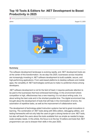 Top .NET Development Tools and Editors to Boost Productivity 2025 | PDF