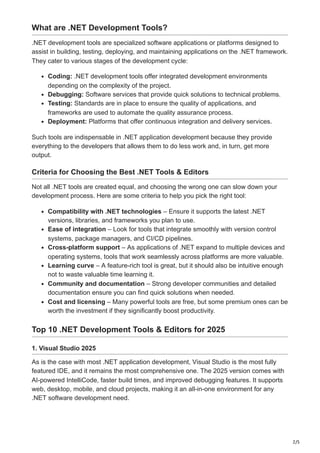 Top .NET Development Tools and Editors to Boost Productivity 2025 | PDF