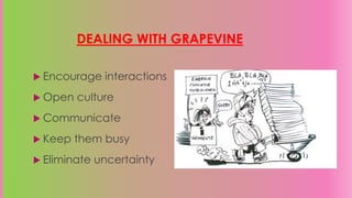 DEALING WITH GRAPEVINE
 Encourage interactions
 Open culture
 Communicate
 Keep them busy
 Eliminate uncertainty
 