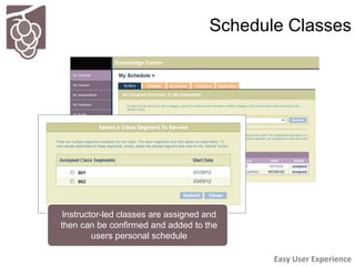 Schedule Classes
Easy User Experience
Instructor-led classes are assigned and
then can be confirmed and added to the
users...