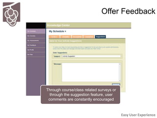 Offer Feedback
Easy User Experience
Through course/class related surveys or
through the suggestion feature, user
comments ...