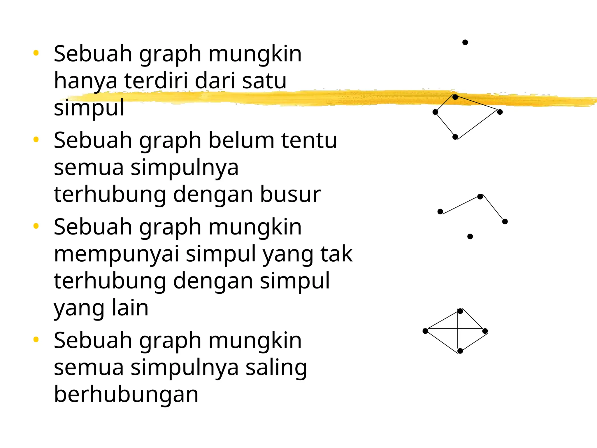 • Sebuah graph mungkin
hanya terdiri dari satu
simpul
• Sebuah graph belum tentu
semua simpulnya
terhubung dengan busur
• Sebuah graph mungkin
mempunyai simpul yang tak
terhubung dengan simpul
yang lain
• Sebuah graph mungkin
semua simpulnya saling
berhubungan
 