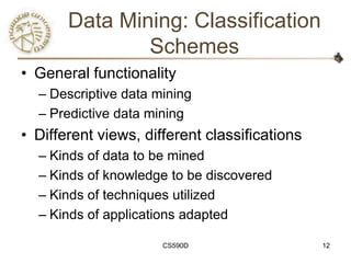 Data Mining: Classification
               Schemes
• General functionality
  – Descriptive data mining
  – Predictive data mining
• Different views, different classifications
  – Kinds of data to be mined
  – Kinds of knowledge to be discovered
  – Kinds of techniques utilized
  – Kinds of applications adapted

                      CS590D                   12
 